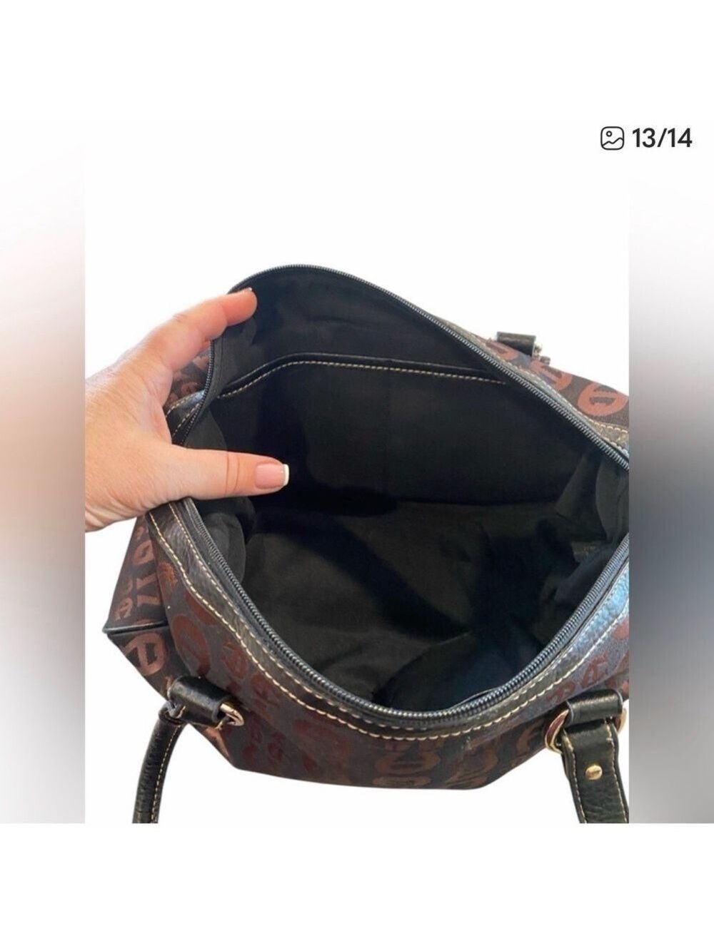 Etienne Aigner Black & Brown Satin Satchel Double Handle Silver Hardware EUC - Picture 11 of 14